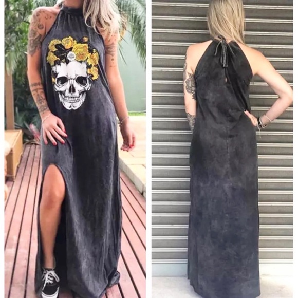 Dresses & Skirts - Skull & Roses Maxi Dress NEW Charcoal Gray